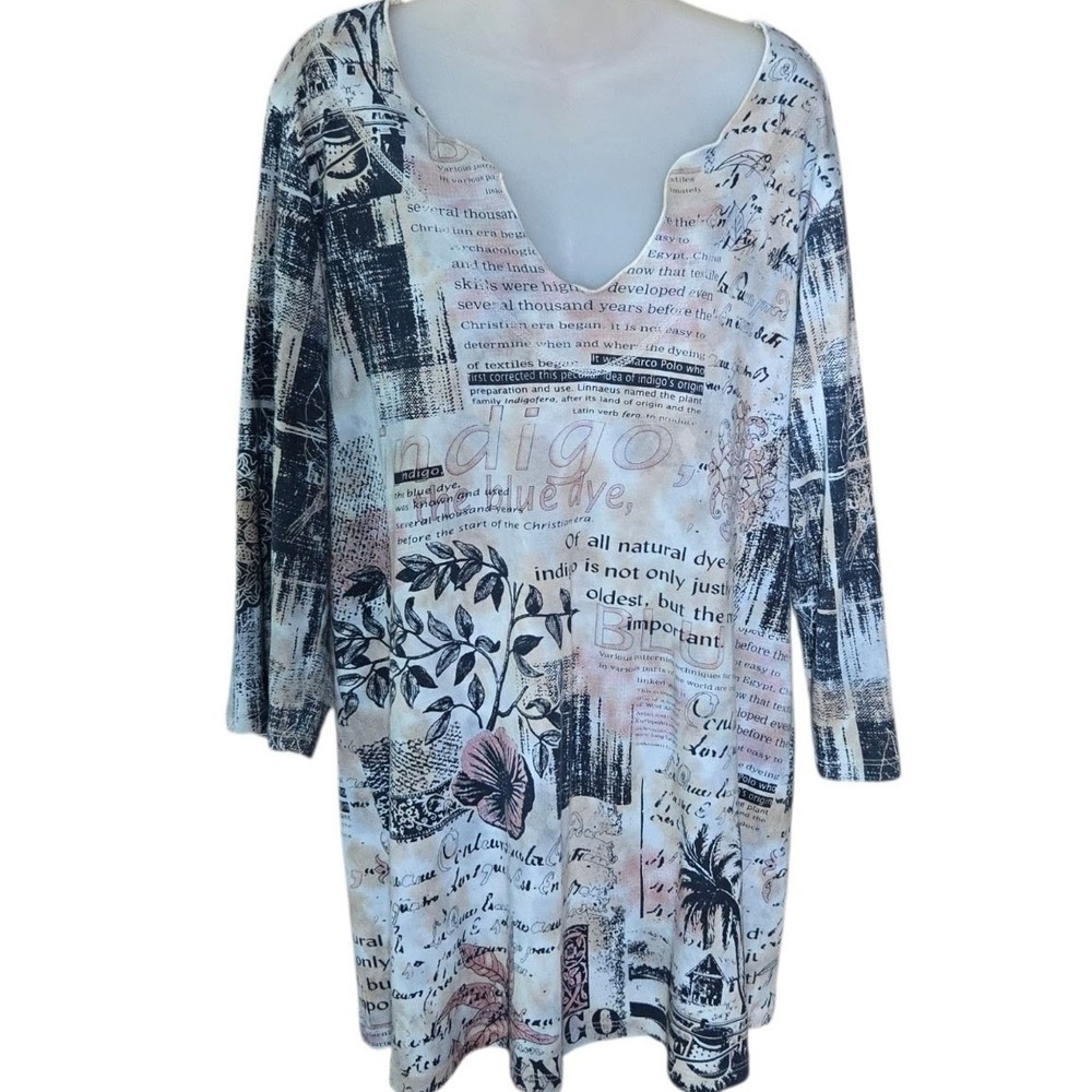 Glima Womens Artsy Collage Tunic Top Size 2X Indigo Maximalist Statement Travel